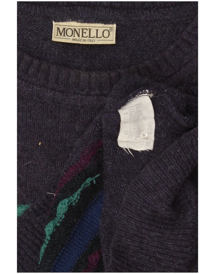 Męski sweter z okrągłym dekoltem Monello XL, fioletowa, geometryczna wełna