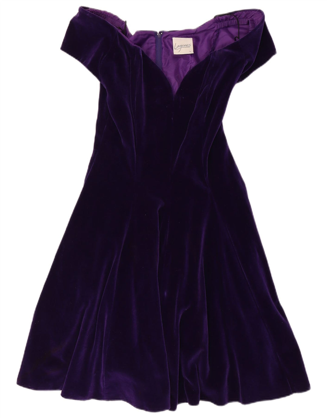 VINTAGE damska aksamitna sukienka z odkrytymi ramionami UK 14, średnia fioletowa bawełna