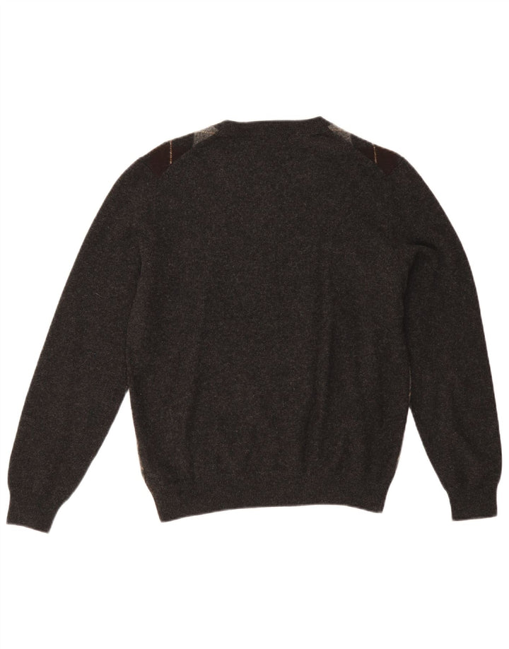 Męski sweter Massimo Dutti z dekoltem w kształcie litery V, średnioszary, argyle/diamentowa wełna