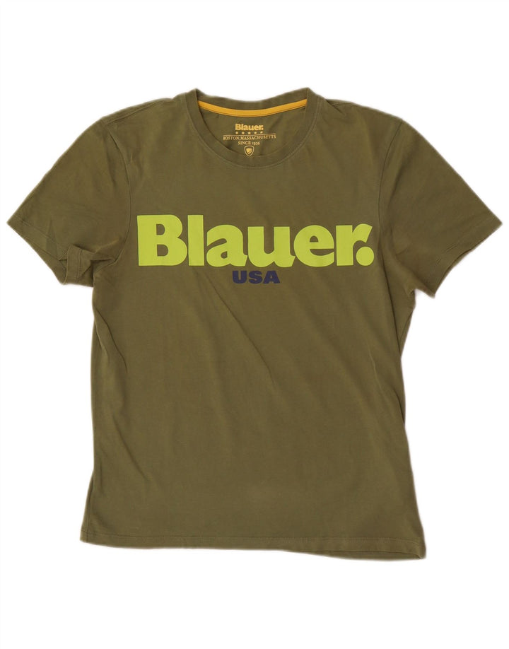 Męski T-shirt z grafiką Blauer, mały, bawełniany khaki