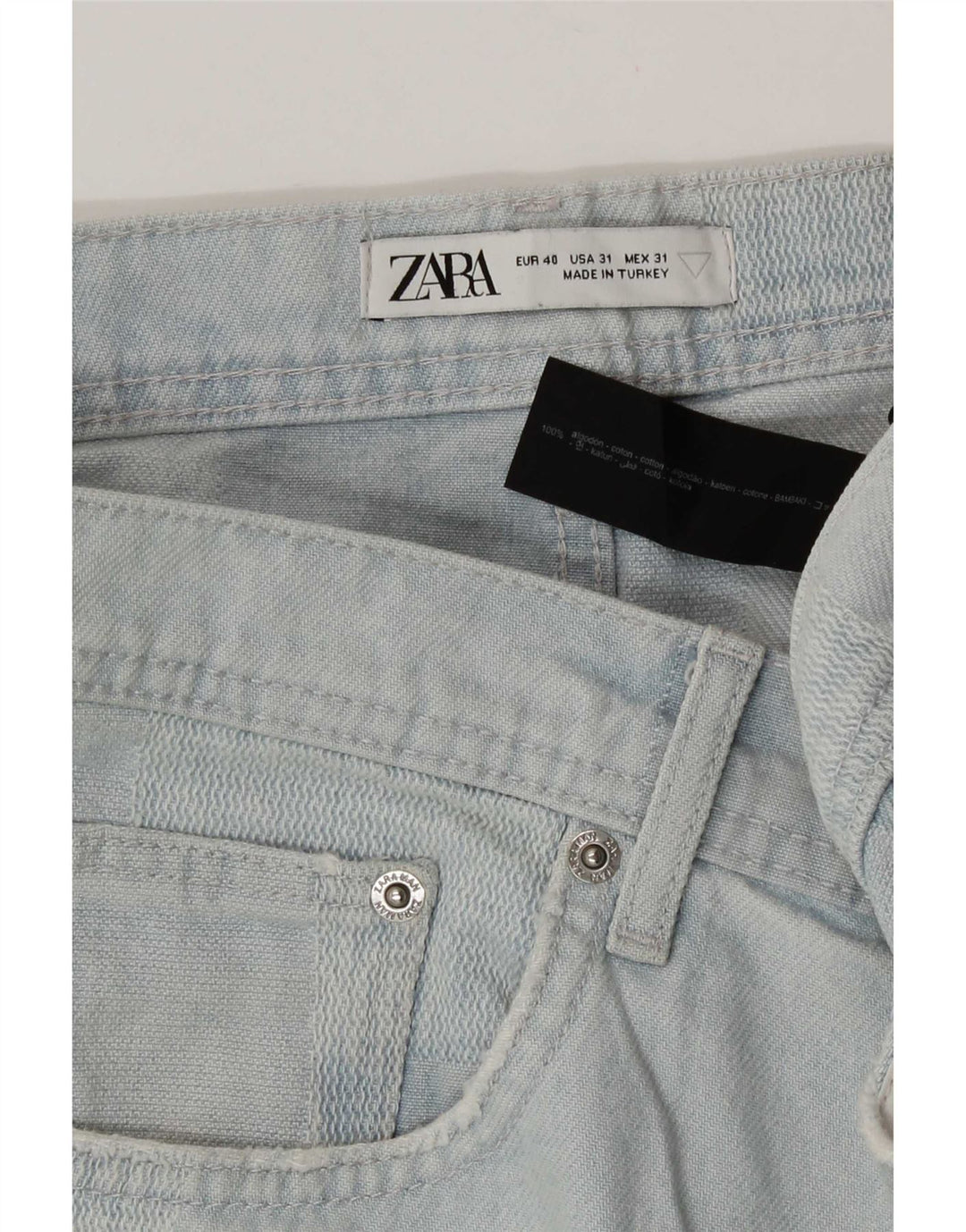 Męskie spodenki jeansowe Zara EU 40 Medium W31, niebieska patchworkowa bawełna