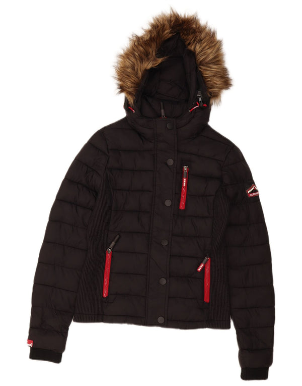 Damska wyściełana kurtka z kapturem Superdry UK 10, mała, czarna, poliester