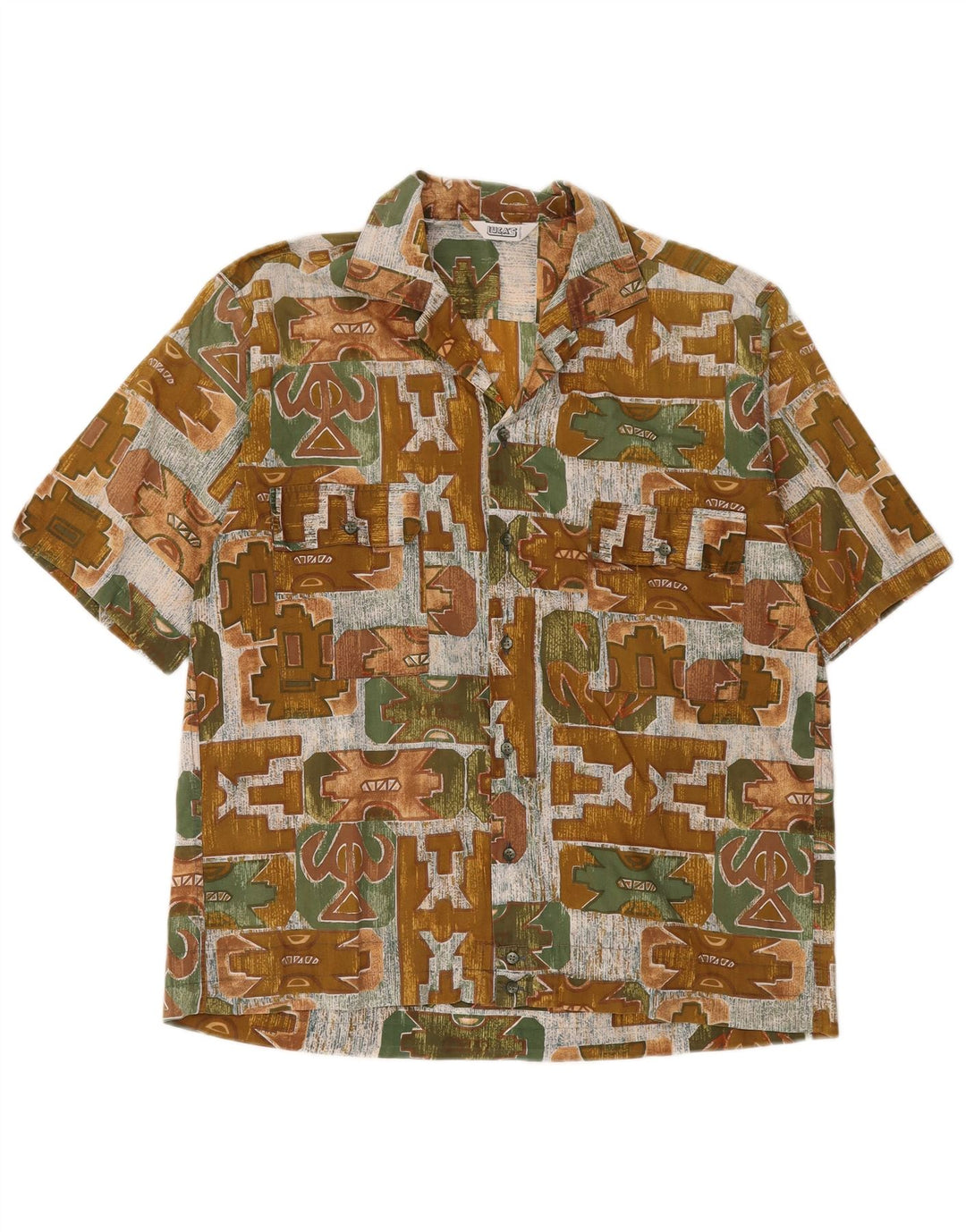 Koszula męska z krótkim rękawem w stylu vintage, średnia khaki, geometryczna