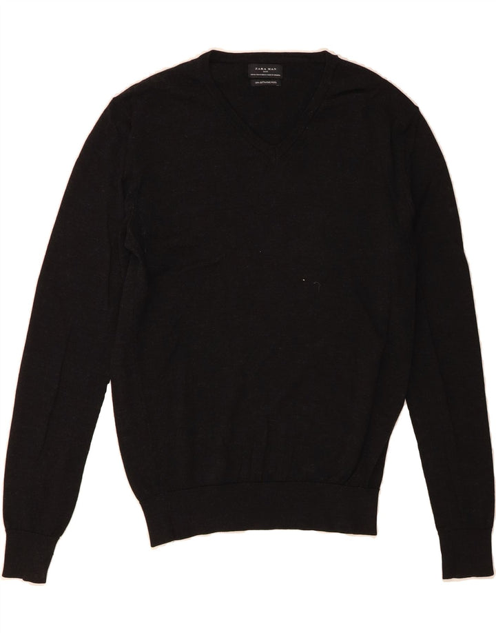 ZARA Mens V-Neck Jumper Sweater Medium Black Wool Vintage Zara and Second-Hand Zara from Messina Hembry 