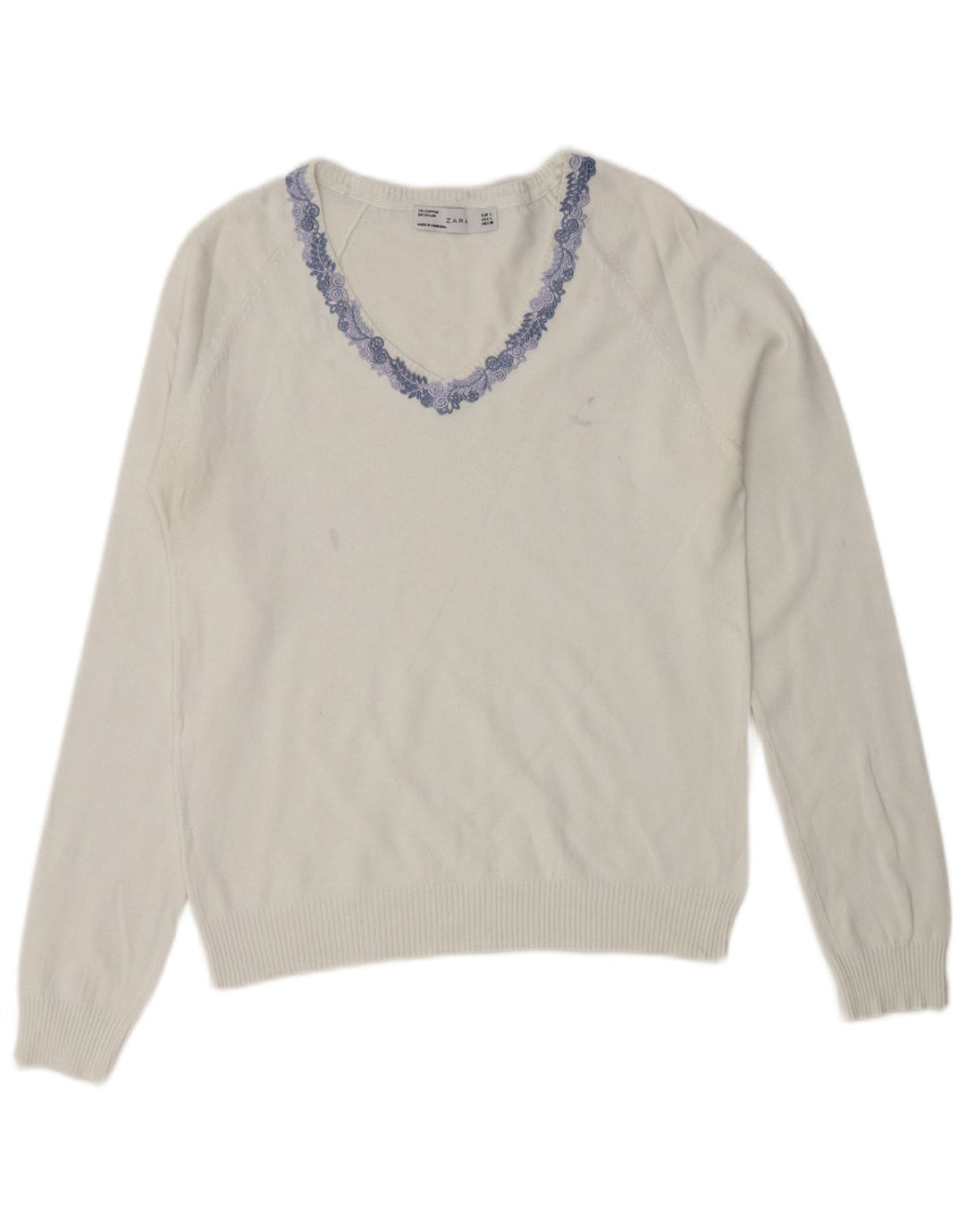 Sweter damski ZARA z dekoltem w kształcie litery V, UK 14, duży, biały, bawełniany