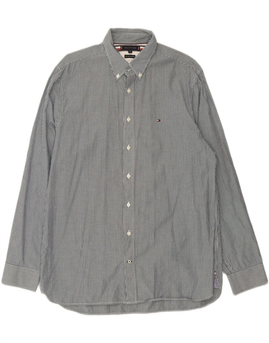TOMMY HILFIGER Mens Shirt 2XL Navy Blue Striped Vintage Tommy Hilfiger and Second-Hand Tommy Hilfiger from Messina Hembry 