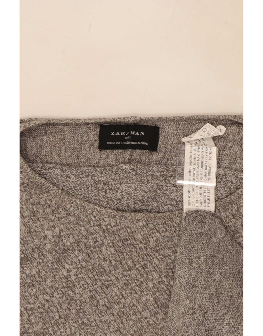 Męski sweter z okrągłym dekoltem Zara, mały, szary, bawełniany w cętki