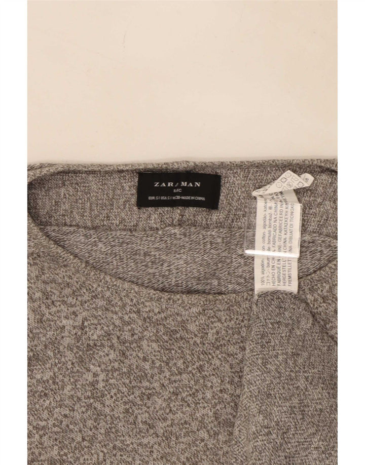 Męski sweter z okrągłym dekoltem Zara, mały, szary, bawełniany w cętki