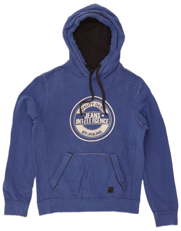 Męski sweter z kapturem i grafiką JACK & JONES, mały, niebieski, bawełniany