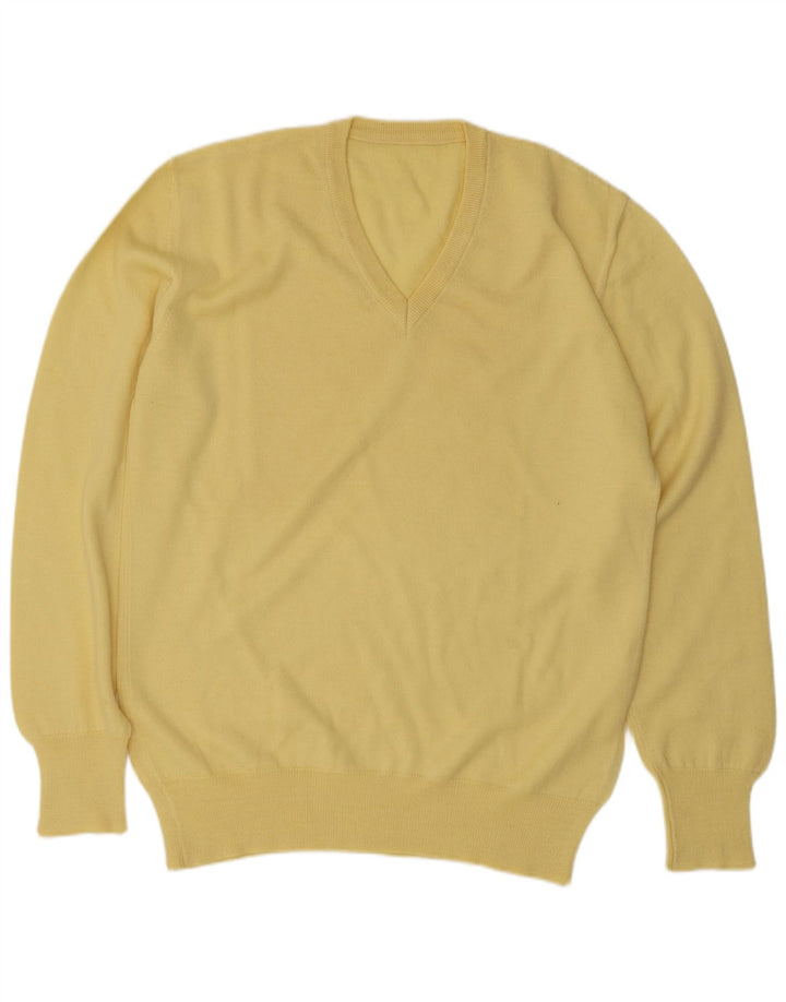 Sweter męski w stylu vintage z dekoltem w szpic, średniej żółtej wełny
