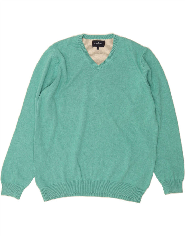MARKS & SPENCER Mens V-Neck Jumper Sweater Large Turquoise Cotton Vintage Marks & Spencer and Second-Hand Marks & Spencer from Messina Hembry 