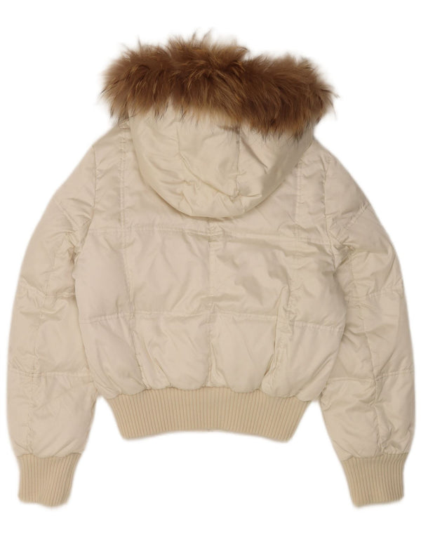 Damska wyściełana kurtka z kapturem w stylu vintage UK 14 Średni biały nylon