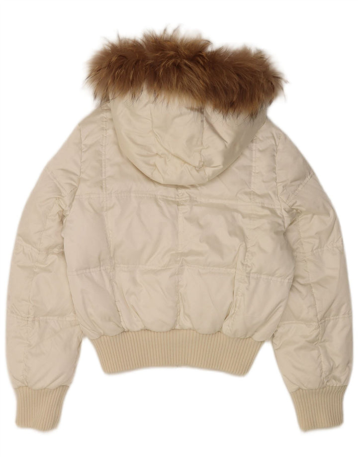 Damska wyściełana kurtka z kapturem w stylu vintage UK 14 Średni biały nylon