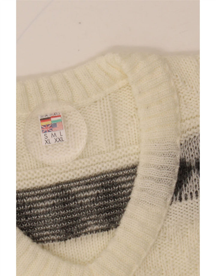 Męski sweter VINTAGE z dekoltem w kształcie litery V, duży, w kolorze złamanej bieli, Fair Isle