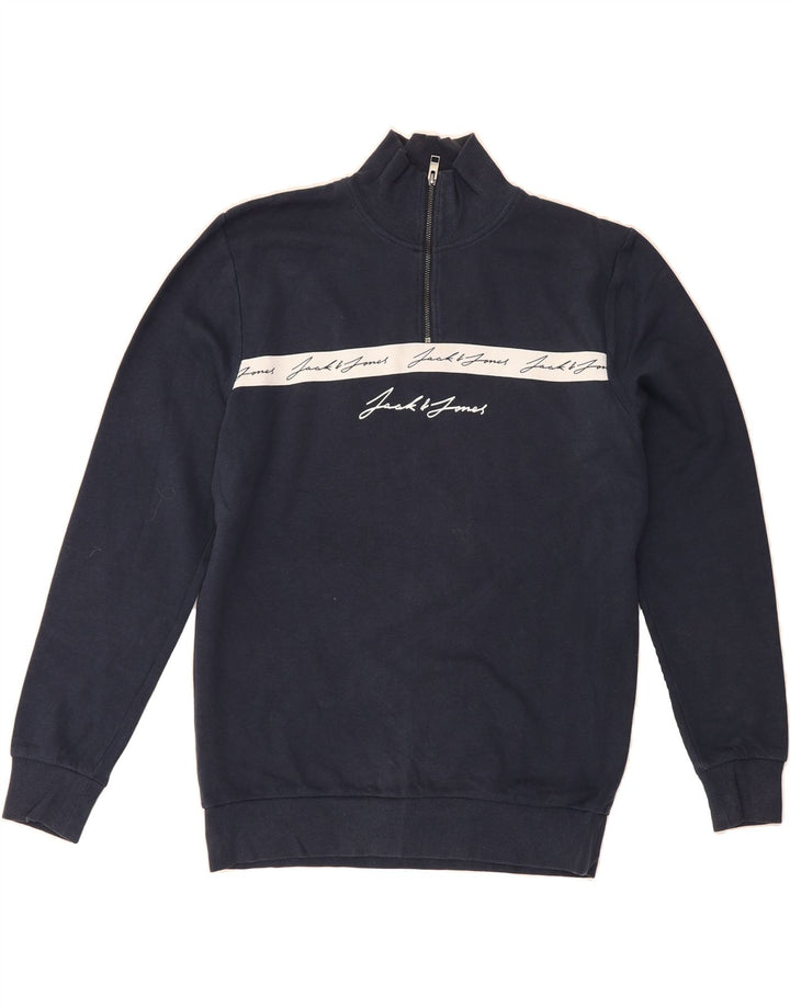 JACK & JONES Mens Graphic Zip Neck Sweatshirt Jumper Large Navy Blue Vintage Jack & Jones and Second-Hand Jack & Jones from Messina Hembry 