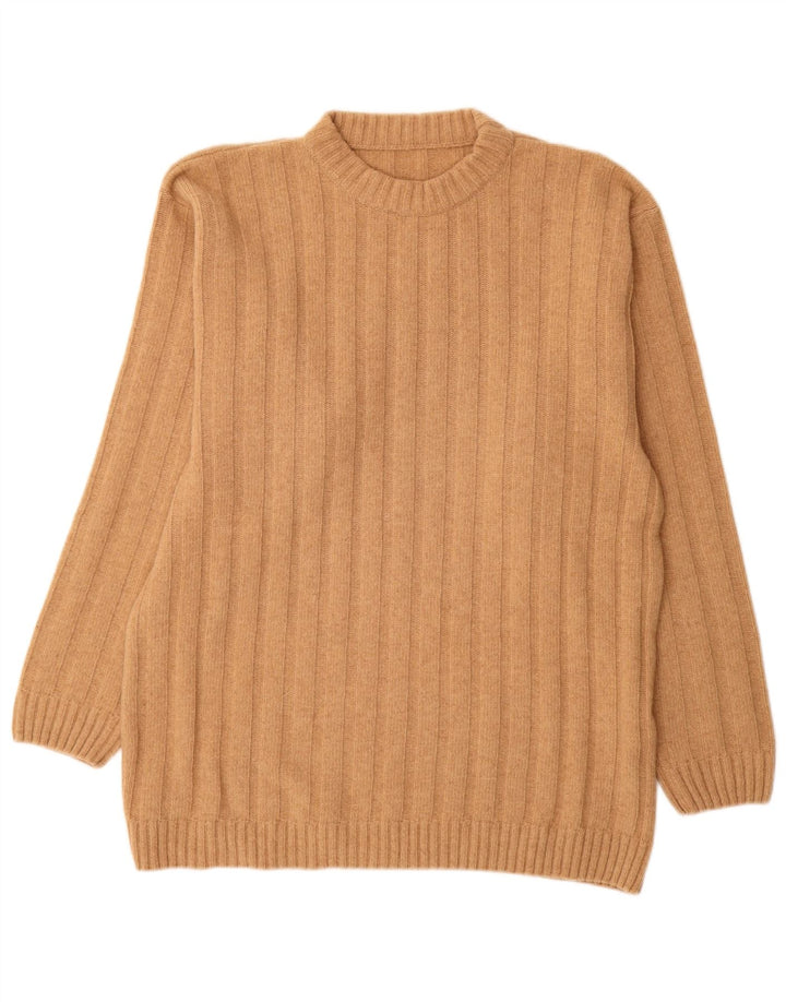 Vintage męski sweter z wycięciem pod szyją, duży, beżowy, wełniany
