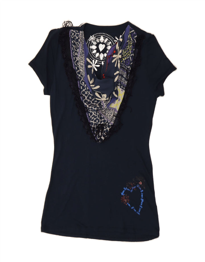DESIGUAL Womens Tunic Top UK 8 Medium Navy Blue Patchwork Vintage Desigual and Second-Hand Desigual from Messina Hembry 