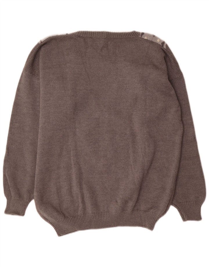 BENETTON Damski sweter z dekoltem w kształcie litery V IT 44 Średni szary Argyle/Diament