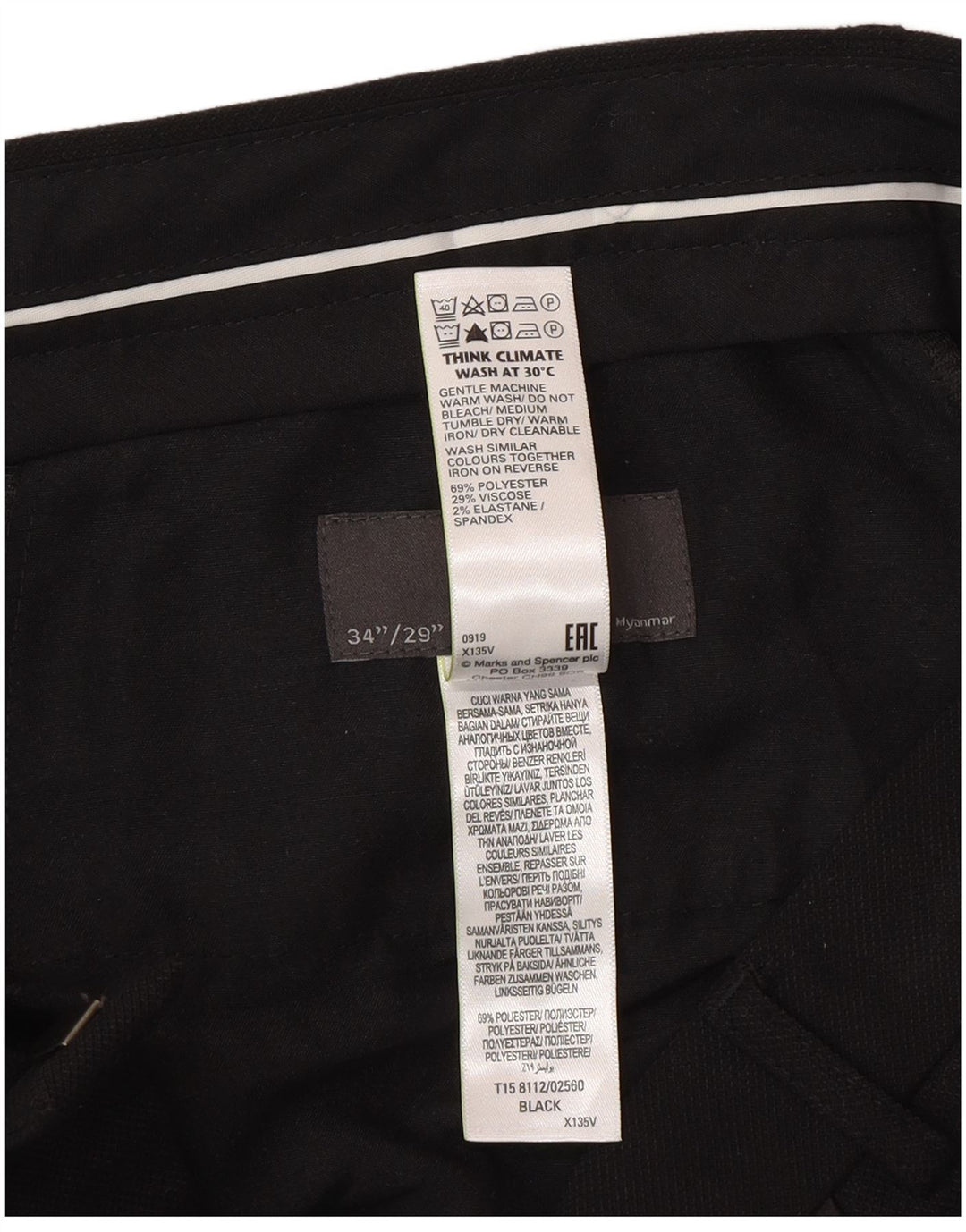 Męskie spodnie garniturowe Marks & Spencer W34 L29, czarny poliester