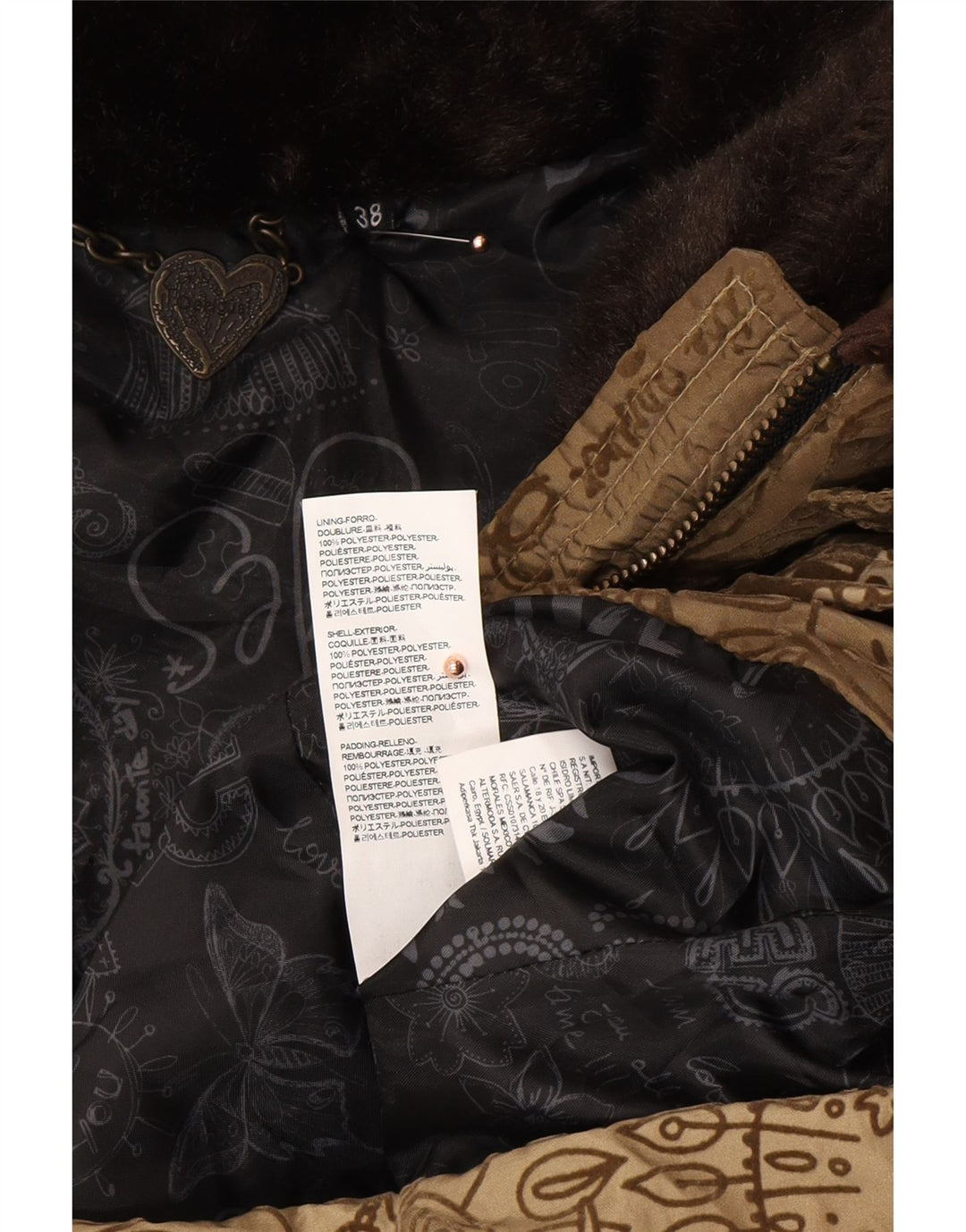 DESIGUAL Damski ocieplany płaszcz z abstrakcyjnym wzorem EU 38 Średni brąz