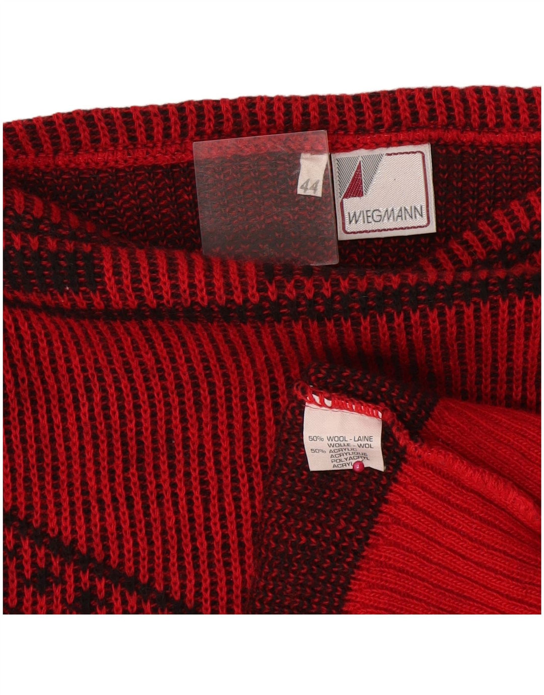 Vintage damski sweter z dekoltem w łódkę IT 44, średni czerwony, geometryczny wełniany