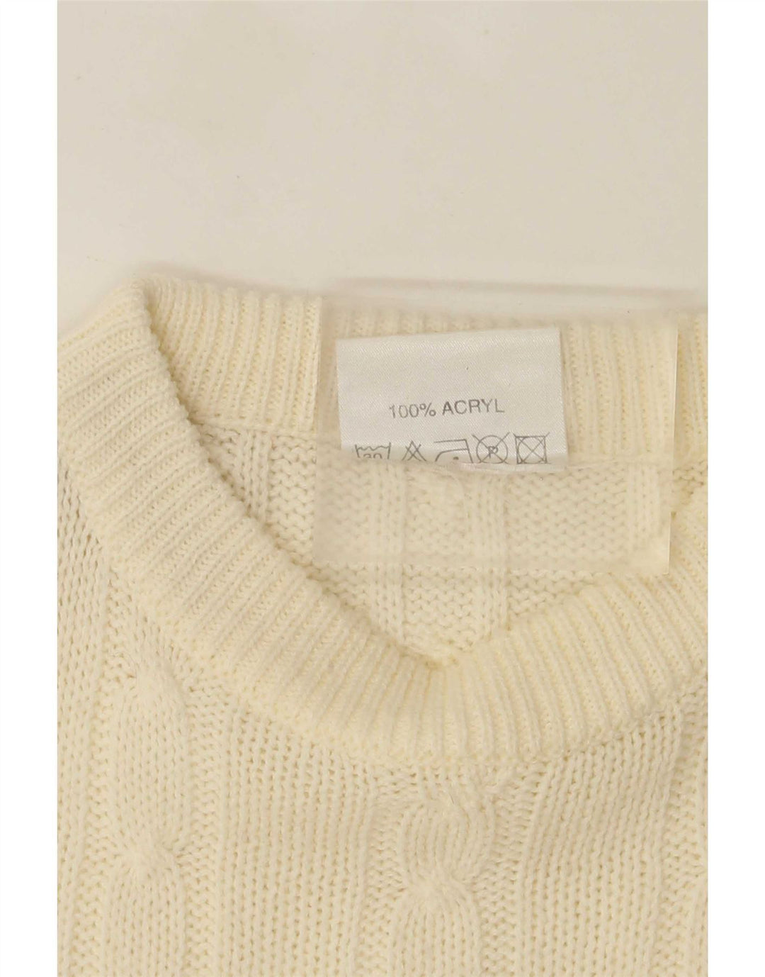 Vintage męski sweter z wycięciem pod szyją, duży, złamany biały akryl