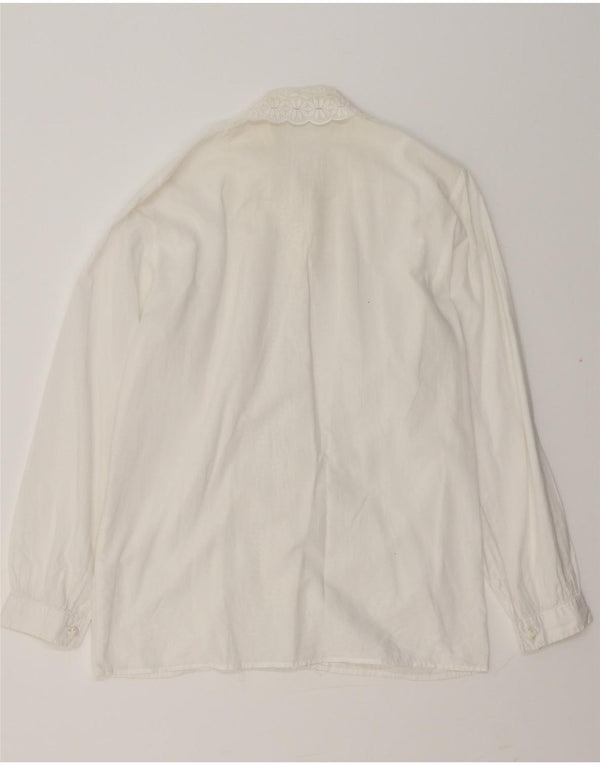 Damska bluzka koszulowa VINTAGE z falbaną z przodu UK 14 Średnio-biała w kwiaty