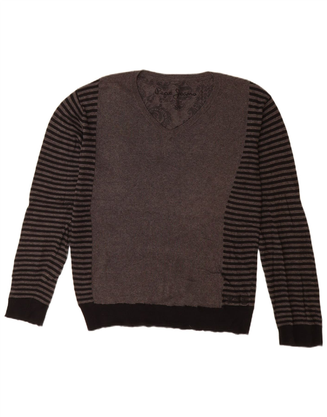 Męski sweter PEPE Jeans z dekoltem w szpic, w małe, szare, bawełniane paski