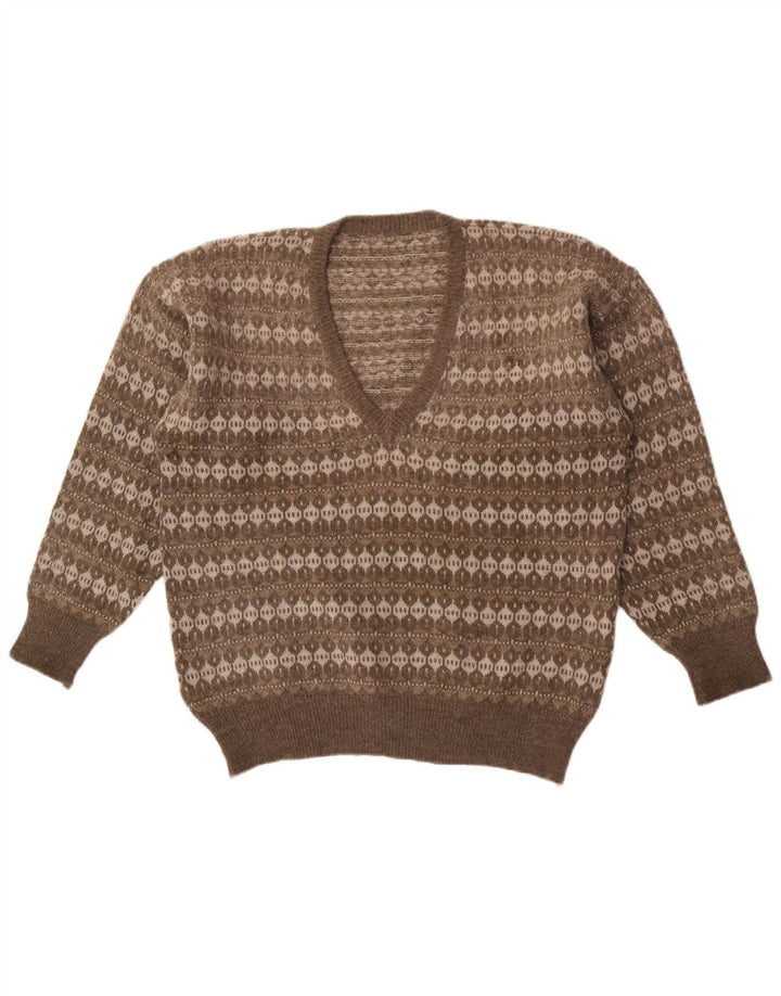 Męski sweter w stylu vintage z dekoltem w szpic, w średnie szare paski