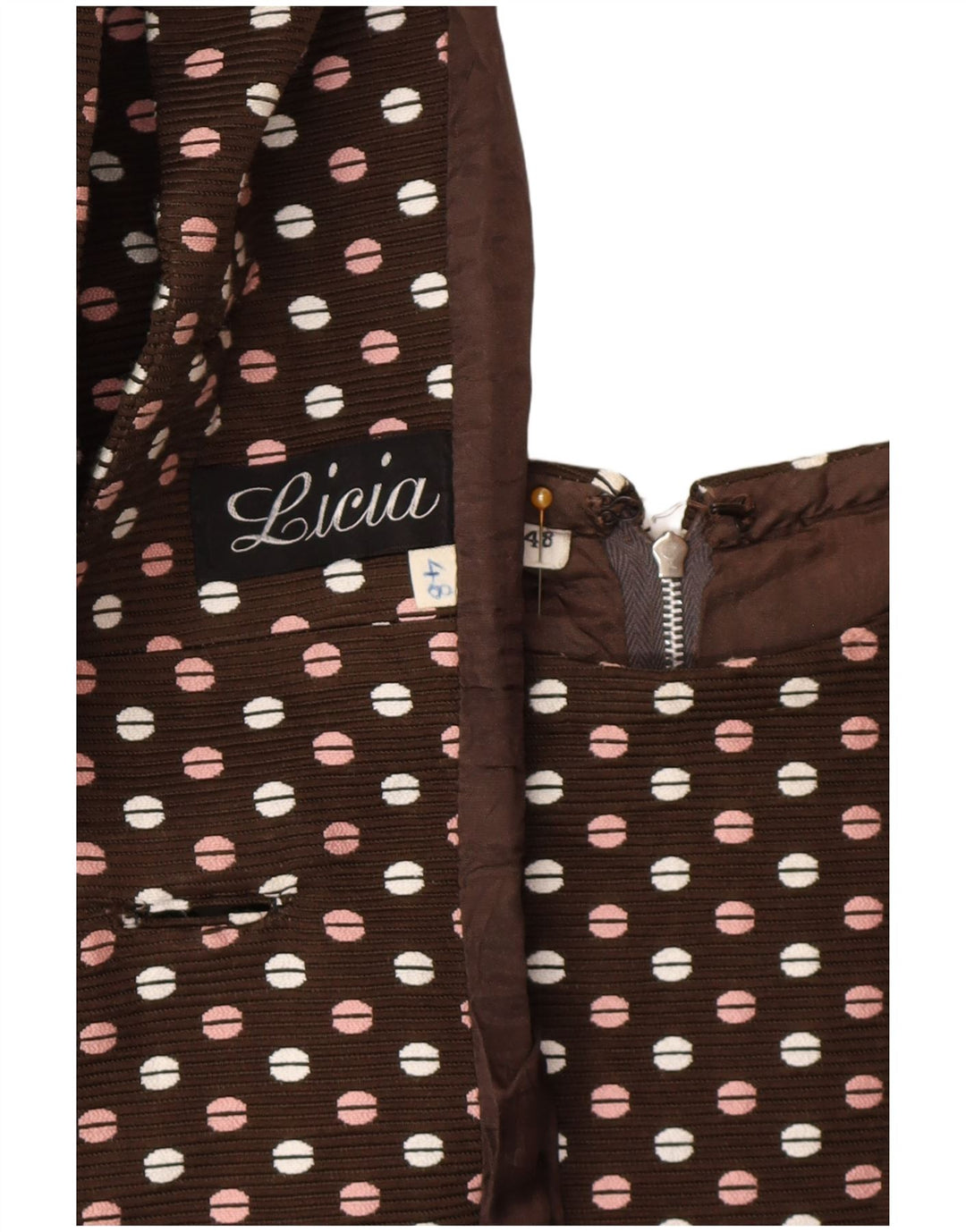 Vintage damski zestaw z 3 guzikami, 2 częściami IT 48 XL, brązowa w kropki