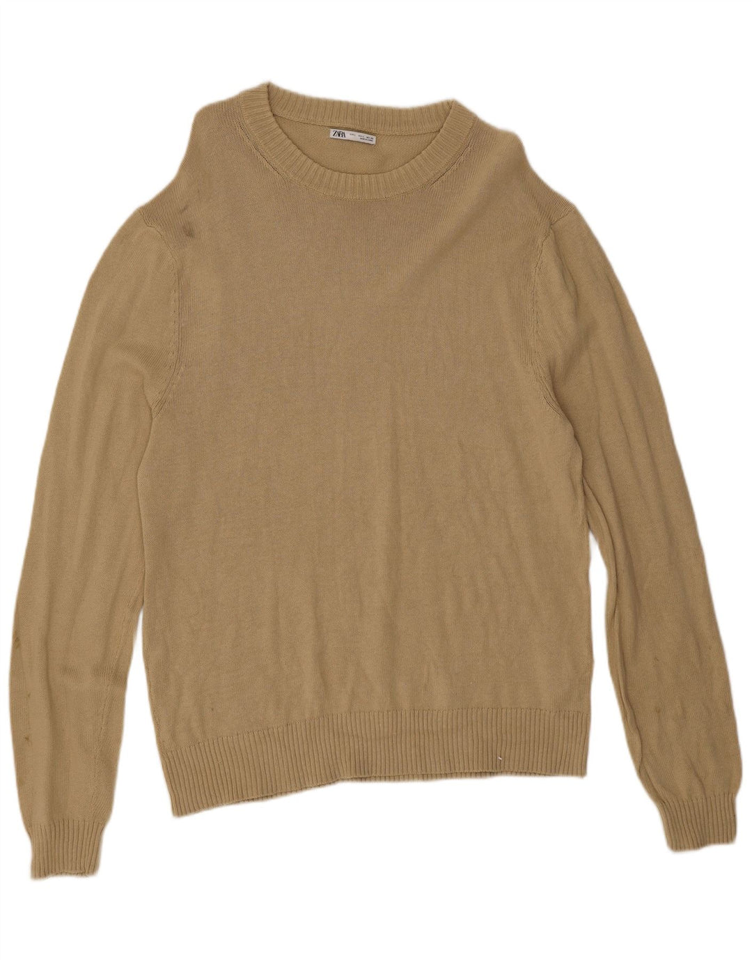 Męski sweter Zara z okrągłym dekoltem, duży, beżowy, bawełniany