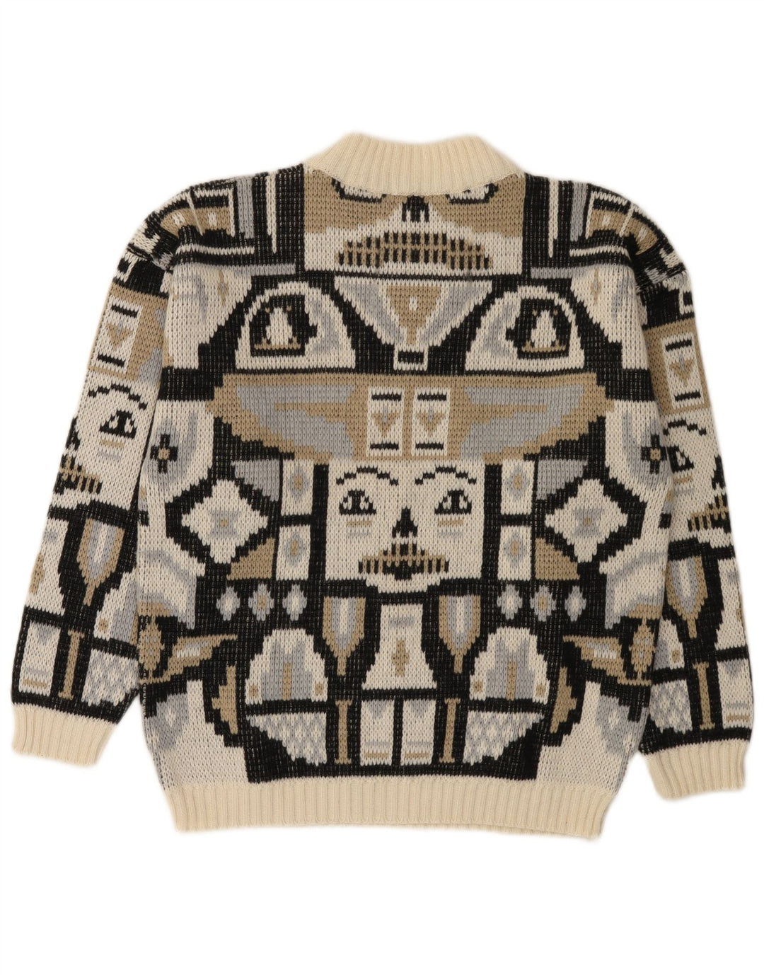 Męski sweter w stylu vintage z mock neck, mały, wielobarwny, geometryczny wełniany