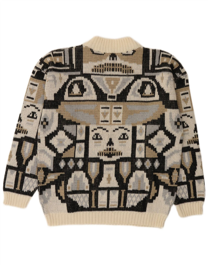 Męski sweter w stylu vintage z mock neck, mały, wielobarwny, geometryczny wełniany