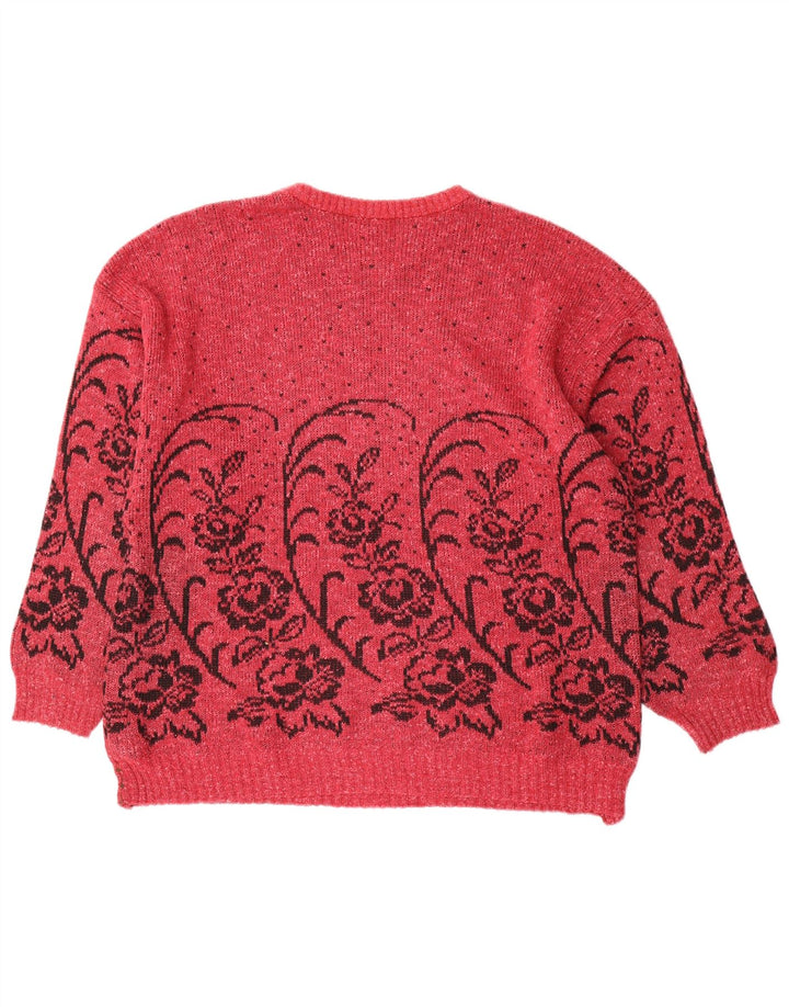 Sweter damski VINTAGE z okrągłym dekoltem UK 16, duży, w czerwone kwiaty