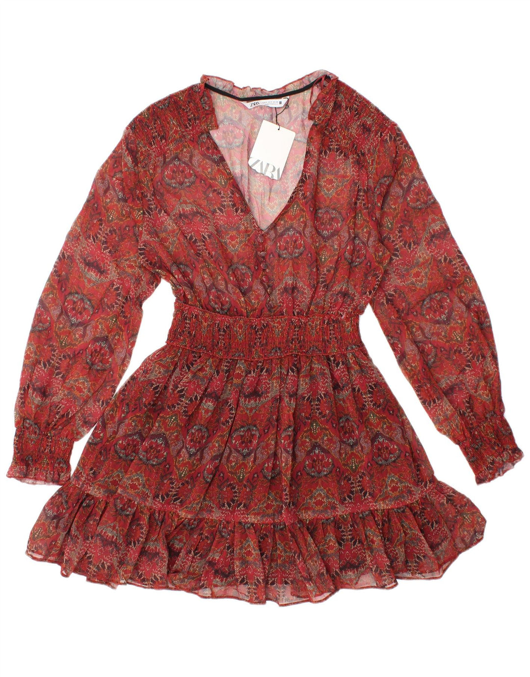 Damska prześwitująca tunika z długim rękawem ZARA UK 8, mała, czerwona w kwiaty