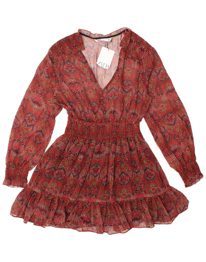 Damska prześwitująca tunika z długim rękawem ZARA UK 8, mała, czerwona w kwiaty