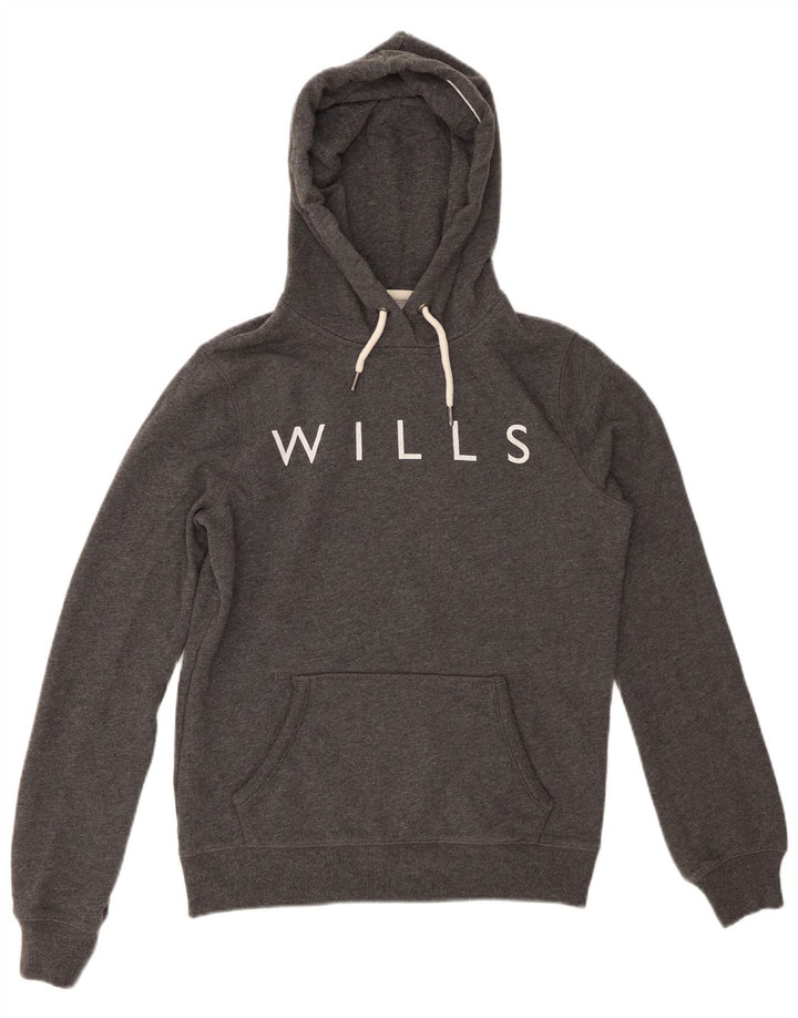 JACK WILLS Damski sweter oversize z kapturem i grafiką, UK 8, mały, szary, bawełniany