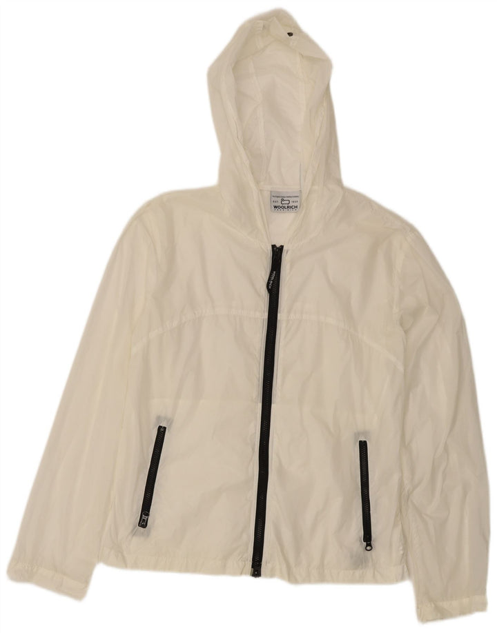 Damska kurtka przeciwdeszczowa z kapturem Woolrich UK 14 Średni biały nylon