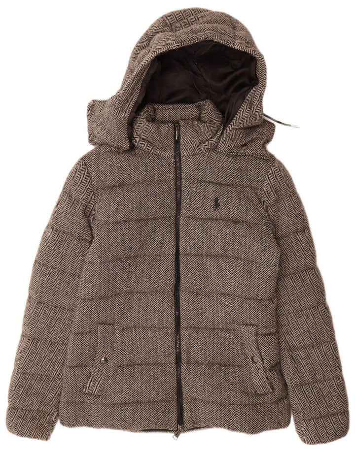 Damska wyściełana kurtka z kapturem Polo Ralph Lauren UK 6 XS Szara wełna w jodełkę