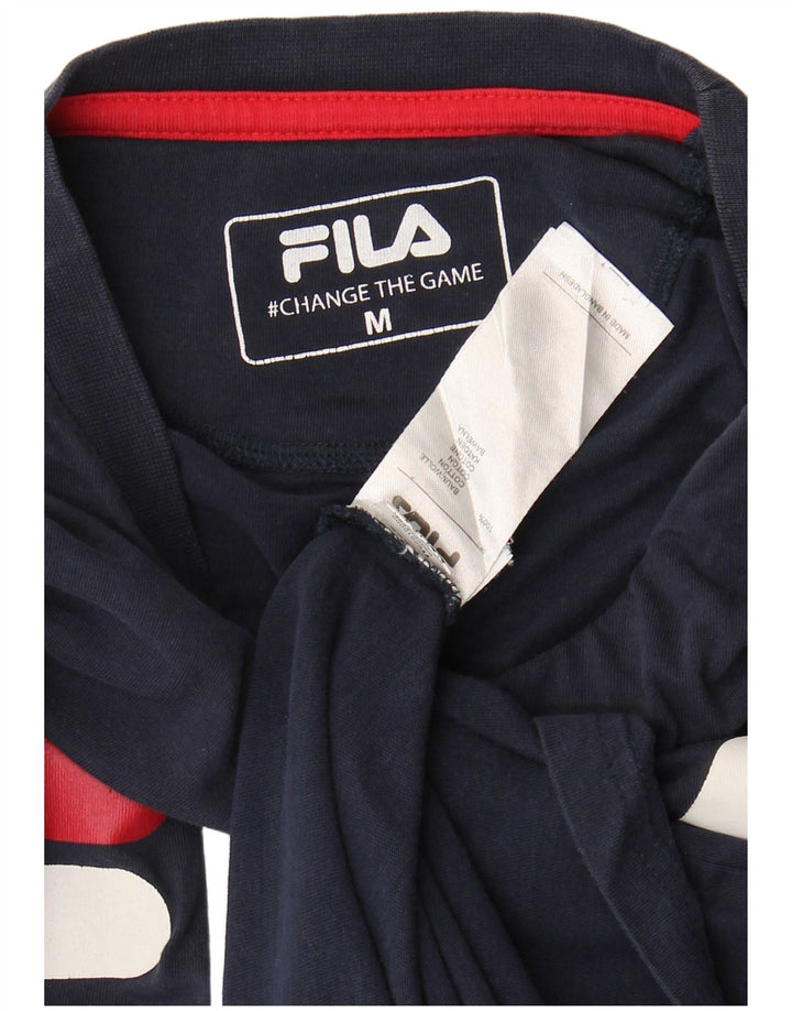 FILA Womens Graphic Top Long Sleeve UK 14 Medium Navy Blue Cotton