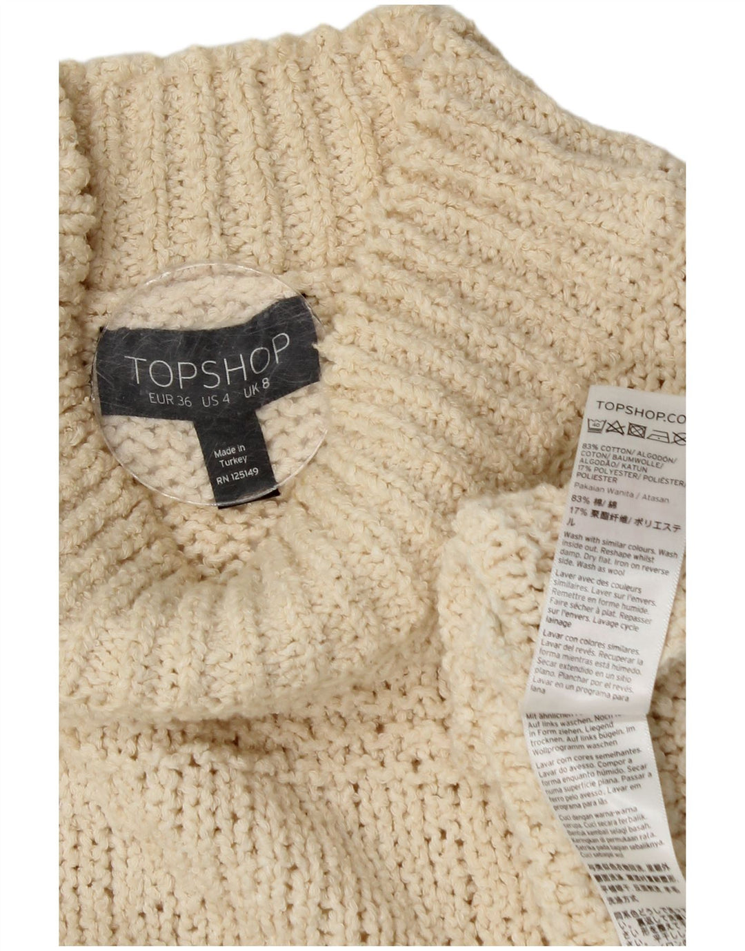Damski sweter oversize z golfem Topshop UK 8, mały, w kolorze złamanej bieli