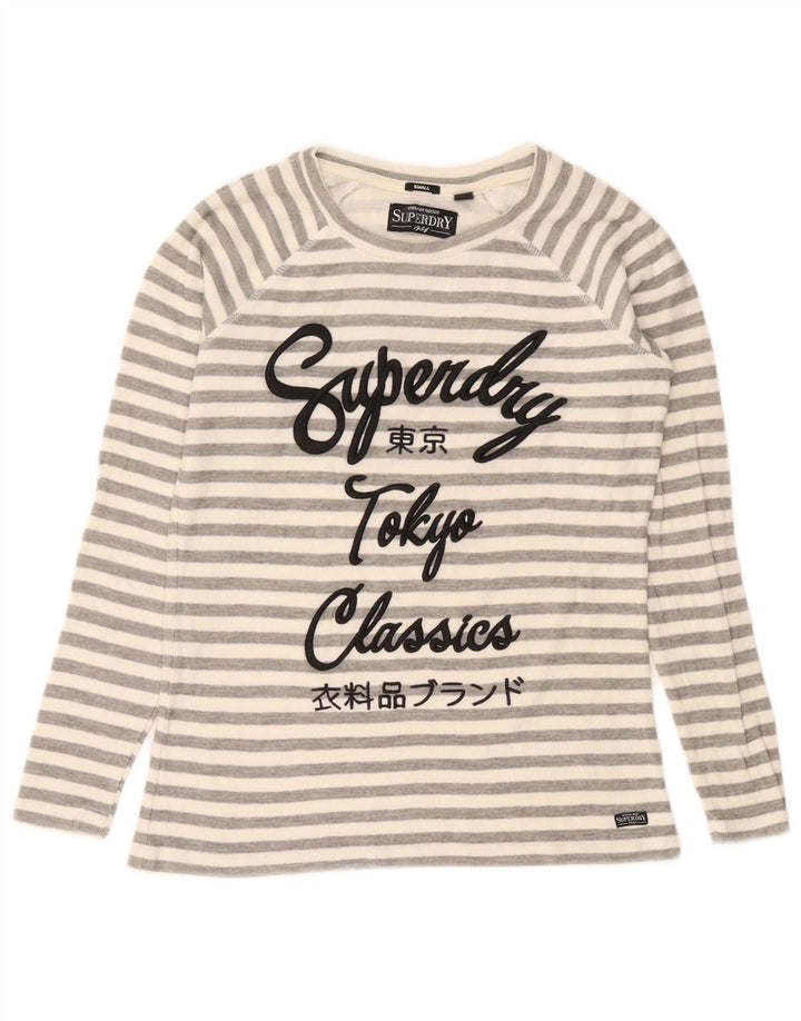 Damski top graficzny Superdry z długim rękawem, UK 10, małe, szare, bawełniane paski