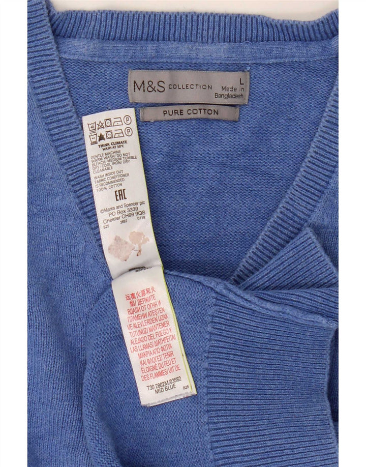 Marks & Spencer Męski sweter z dekoltem w kształcie litery V, duży, niebieski, bawełniany