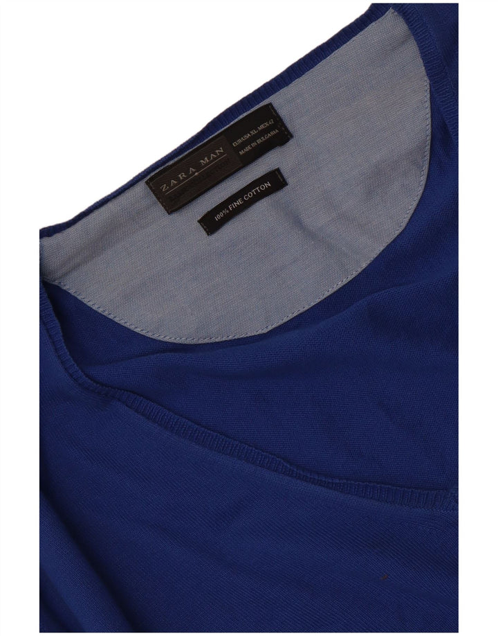 Zara Męski sweter z dekoltem w kształcie litery V, XL, niebieski, bawełniany