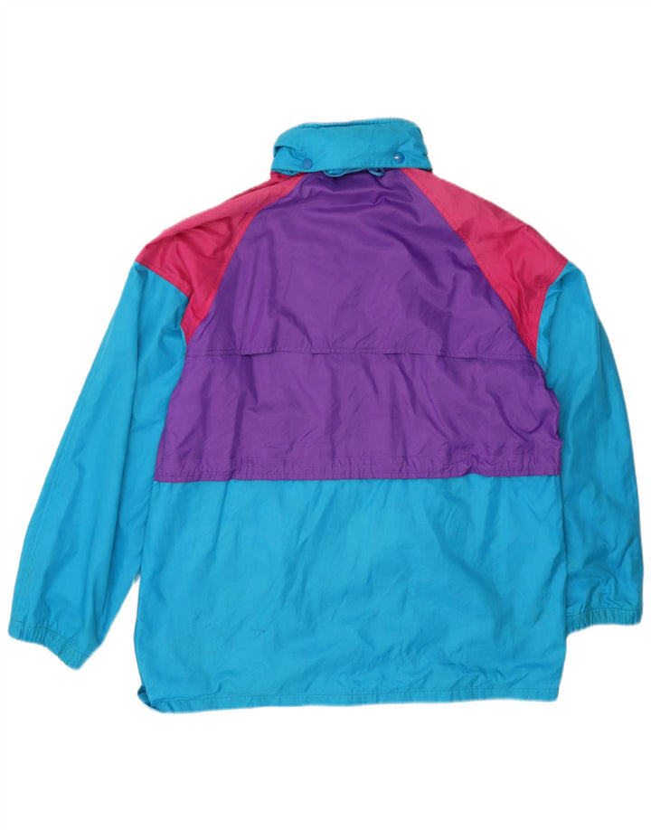 Vintage damska kurtka przeciwdeszczowa z kapturem, oversize UK 14, średni niebieski, blok kolorów