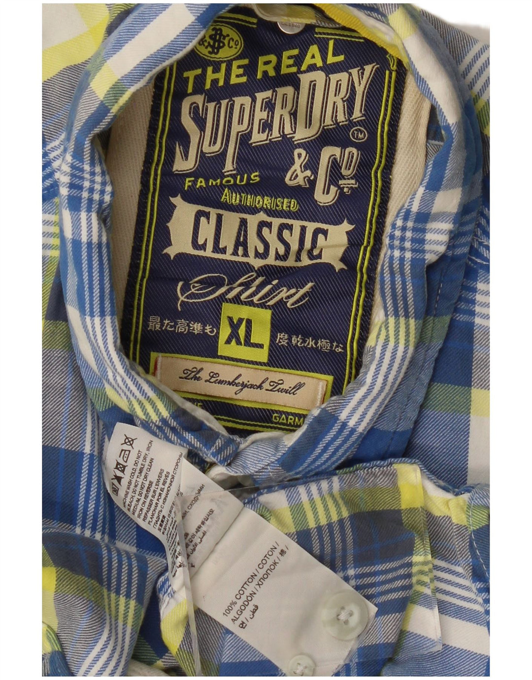 SUPERDRY Męska klasyczna koszula flanelowa XL, bawełniana w niebieską kratkę