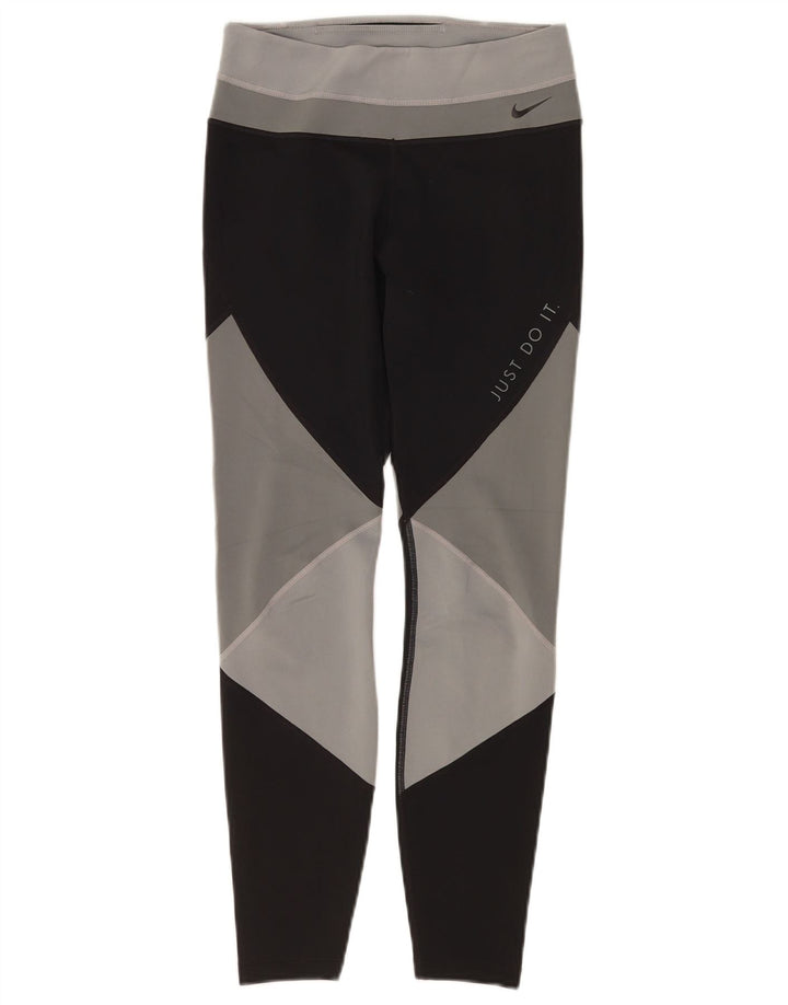 Damskie legginsy NIKE Dri Fit Graphic Crop UK 8, małe, czarne, z blokami kolorów
