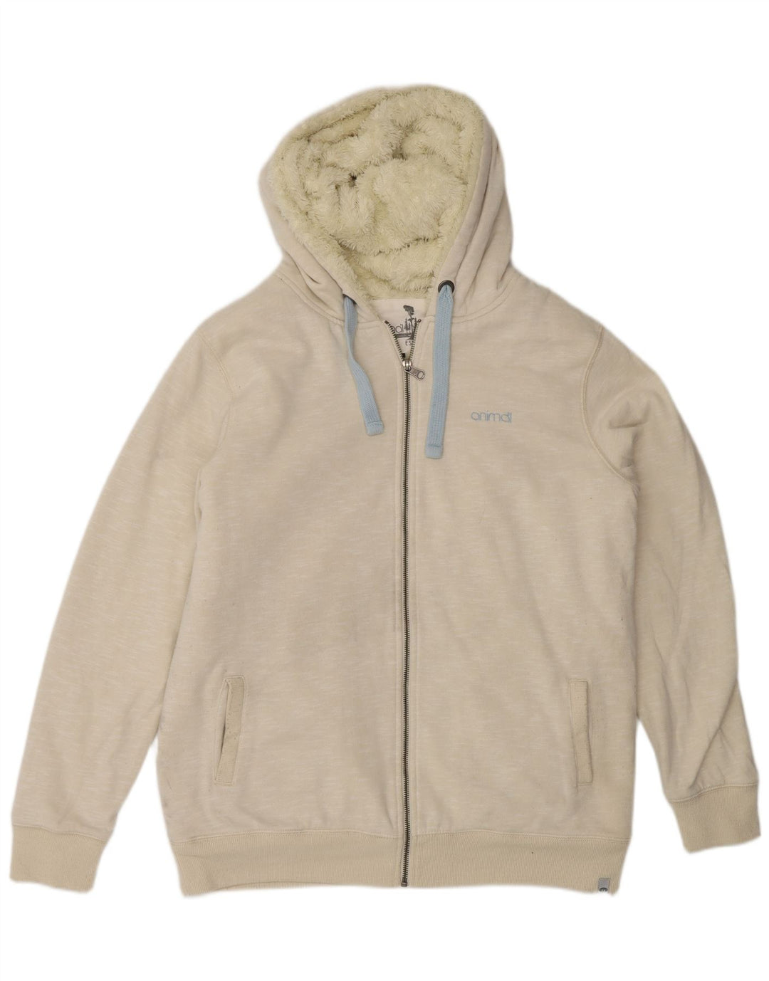 Damski sweter z kapturem i zamkiem w kształcie zwierząt UK 14, duży, złamanej bieli, bawełniany w cętki