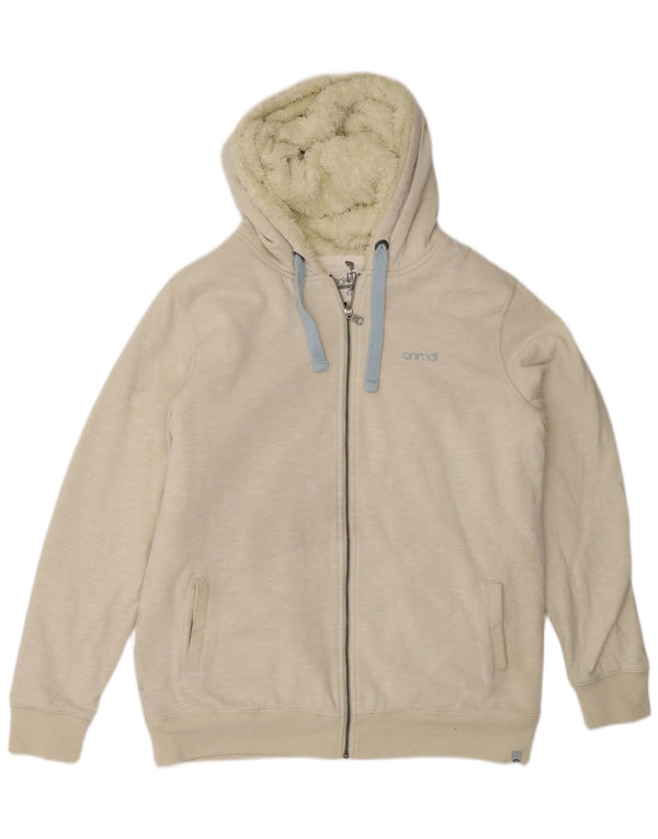 Damski sweter z kapturem i zamkiem w kształcie zwierząt UK 14, duży, złamanej bieli, bawełniany w cętki