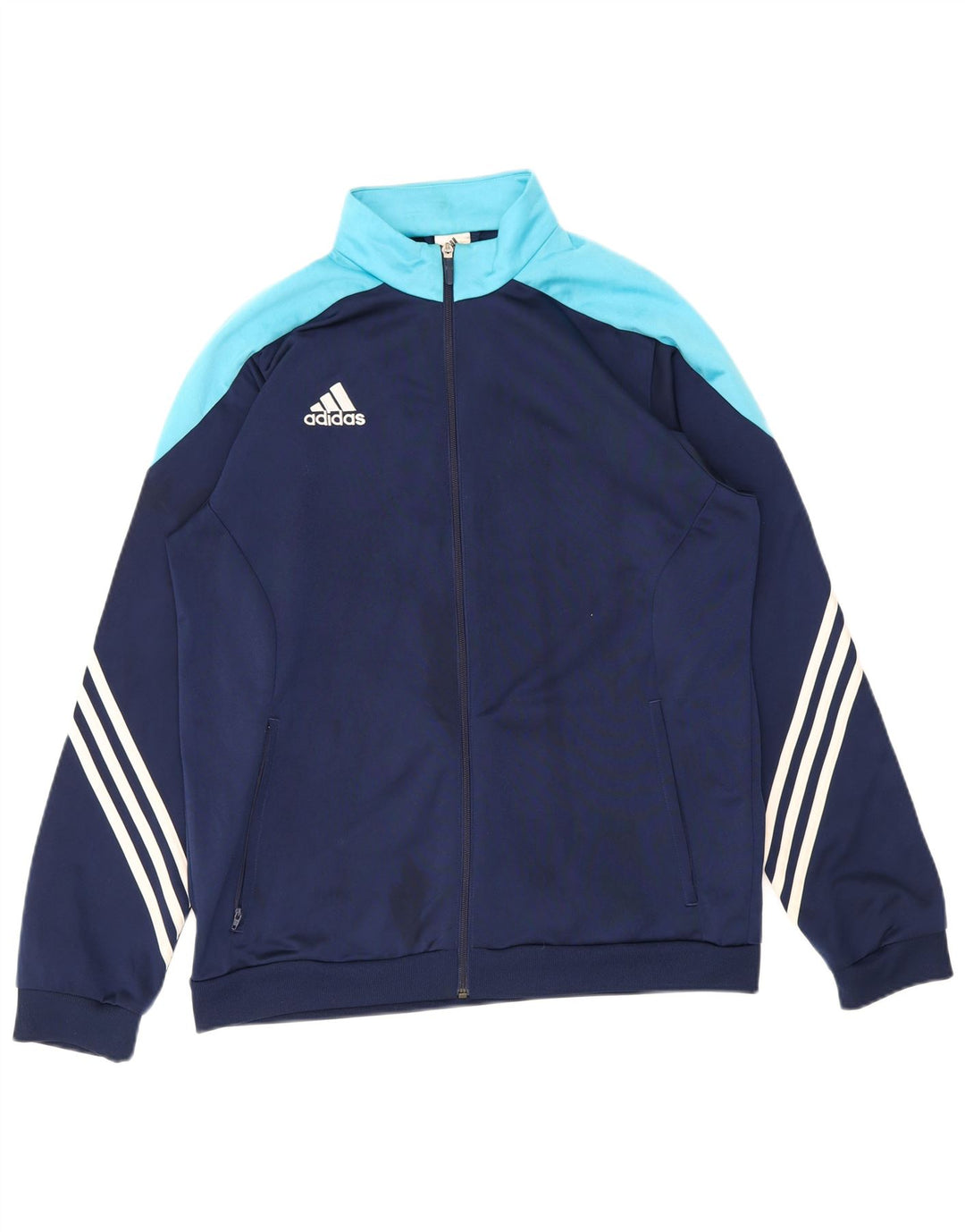 Męska kurtka dresowa Adidas, duża, granatowa, z blokami kolorów, poliestrowa